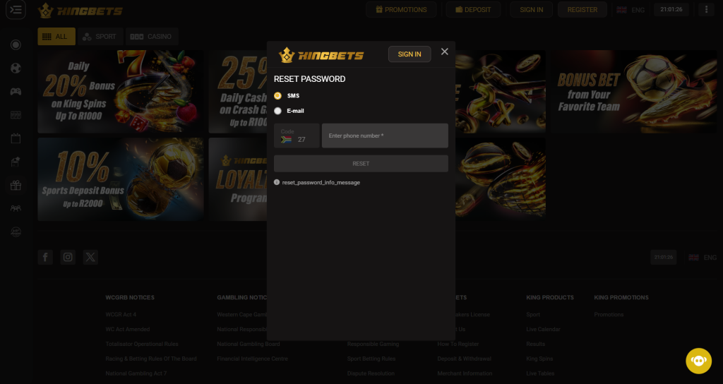 kingbets forgot password page