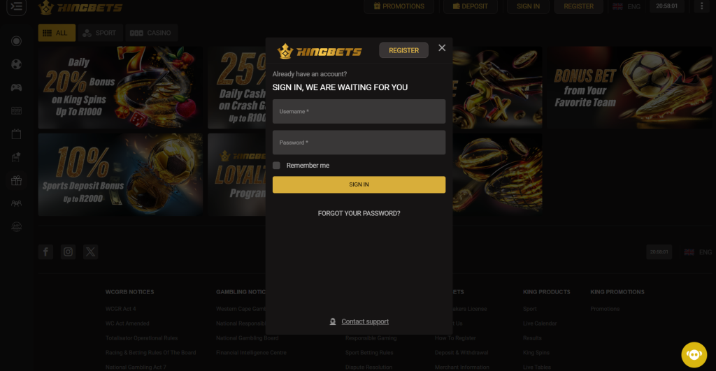 kingbets login page