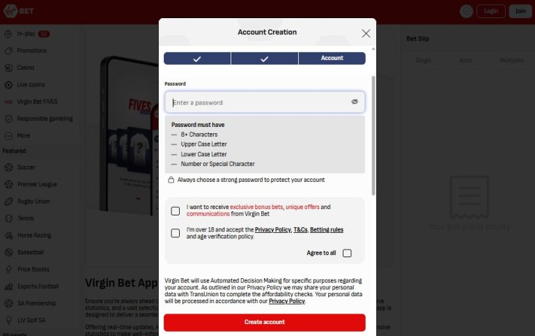 Virginbets account creation
