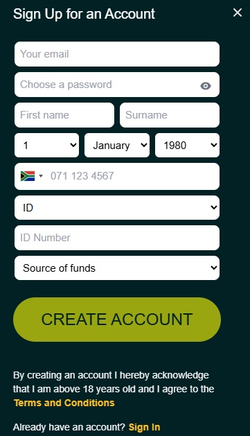 Zarbet south africa registration page
