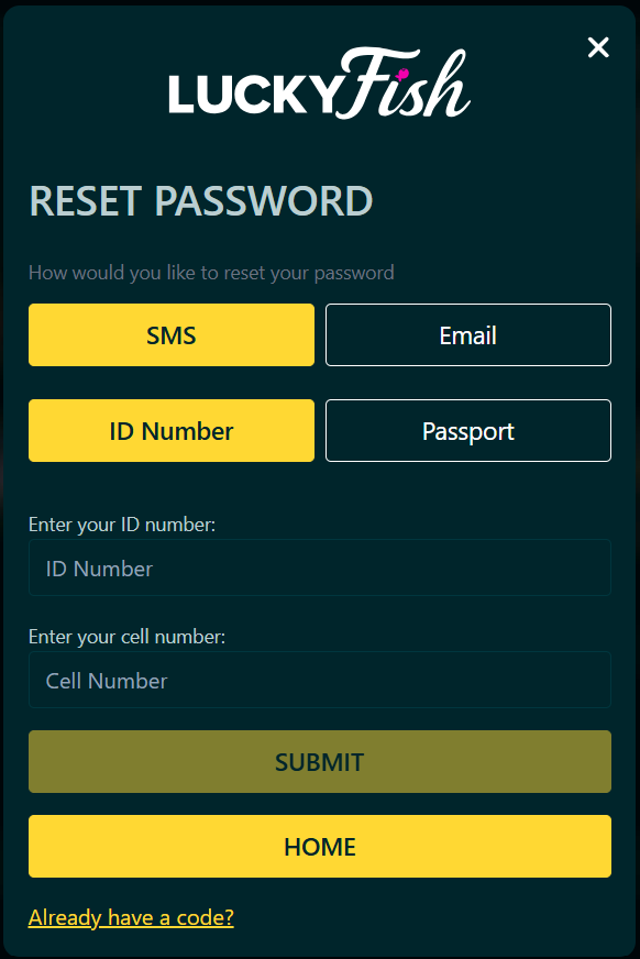 luckyfish forgot login details page