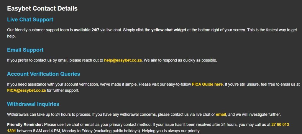 easybet contact details